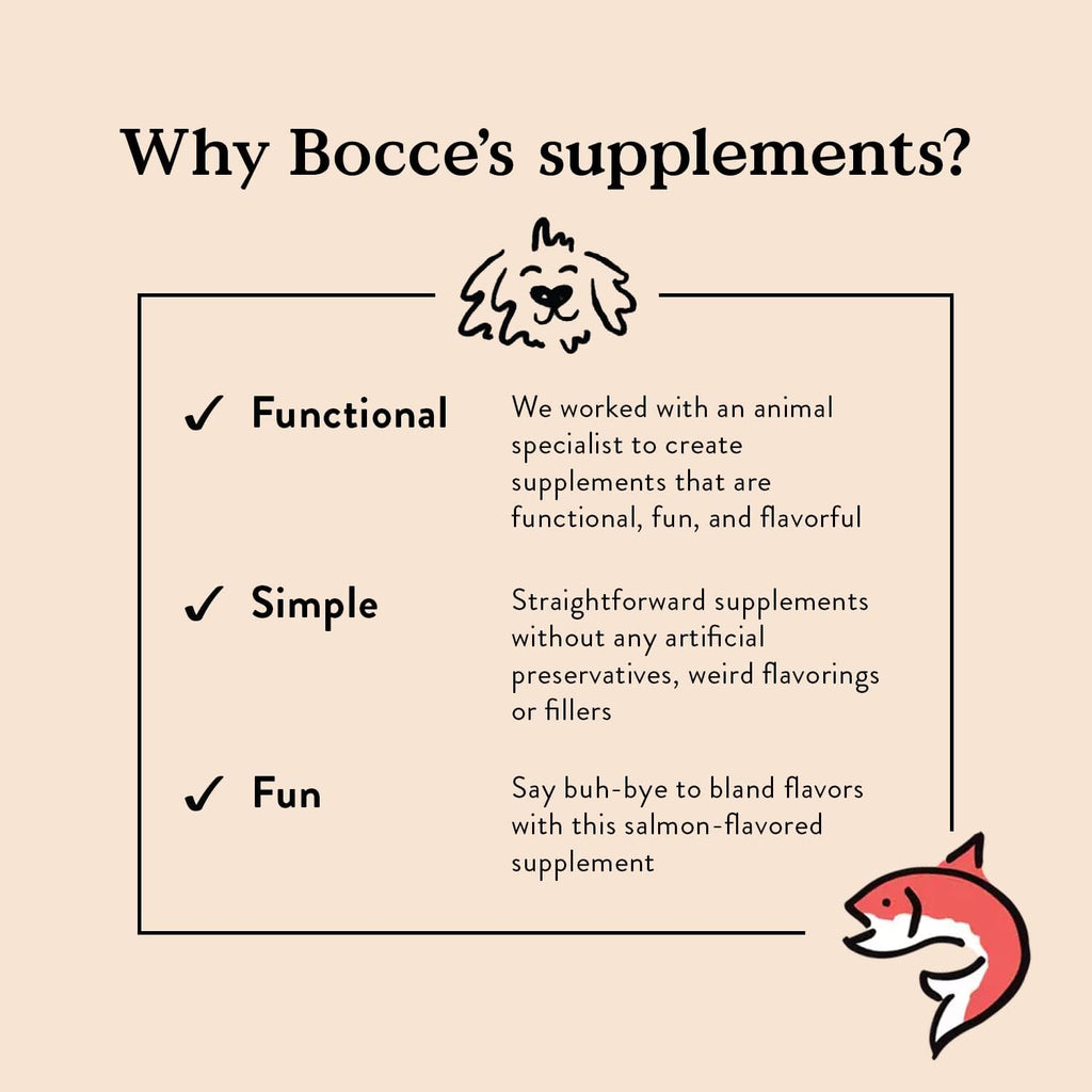 Bocce's Bakery Suplemento para la Piel y el Pelaje de Perros - Masticables Diarios con Vitamina E y Ácidos Grasos Esenciales - Sabor Salmón - 60 unidades
