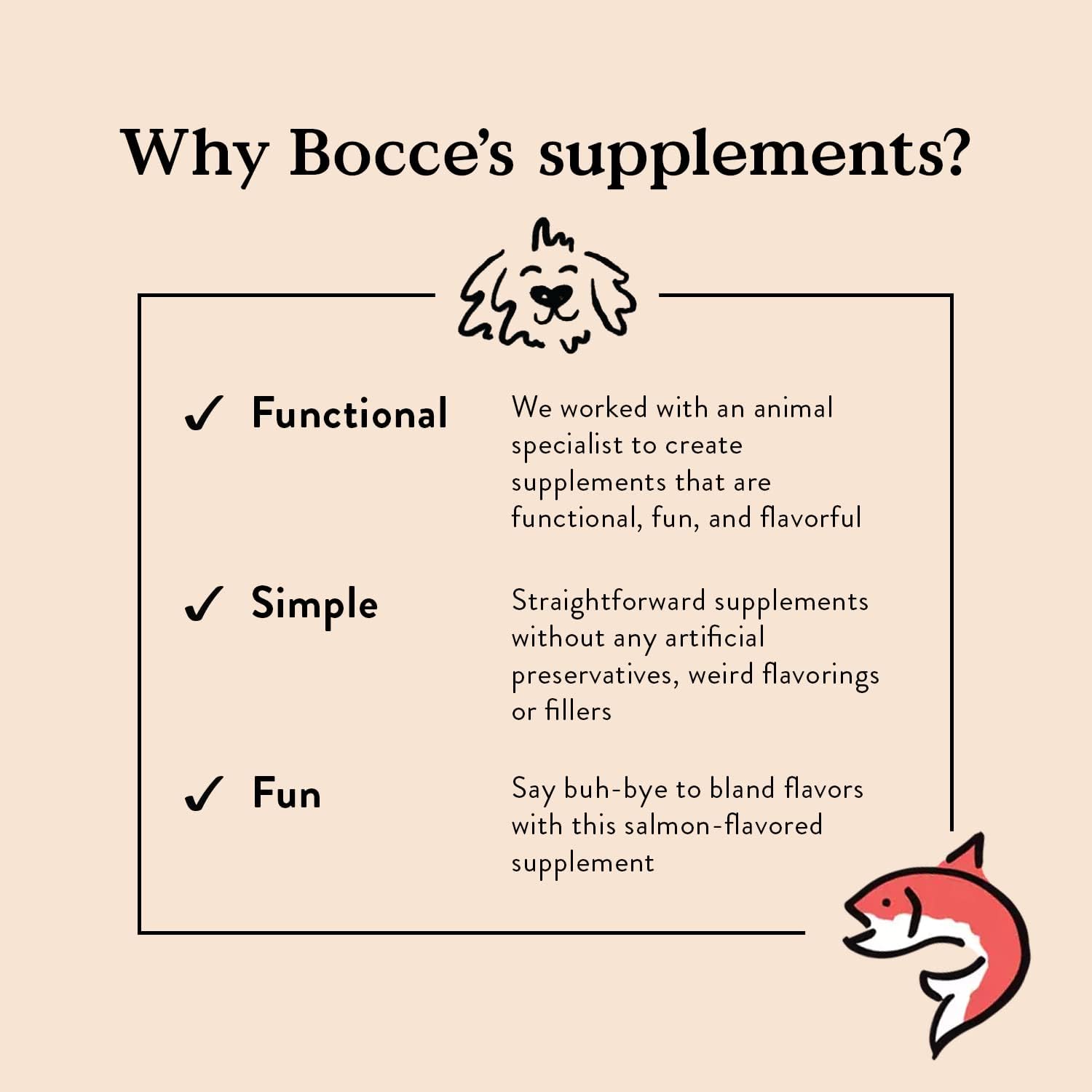 Bocce's Bakery Suplemento para la Piel y el Pelaje de Perros - Masticables Diarios con Vitamina E y Ácidos Grasos Esenciales - Sabor Salmón - 60 unidades