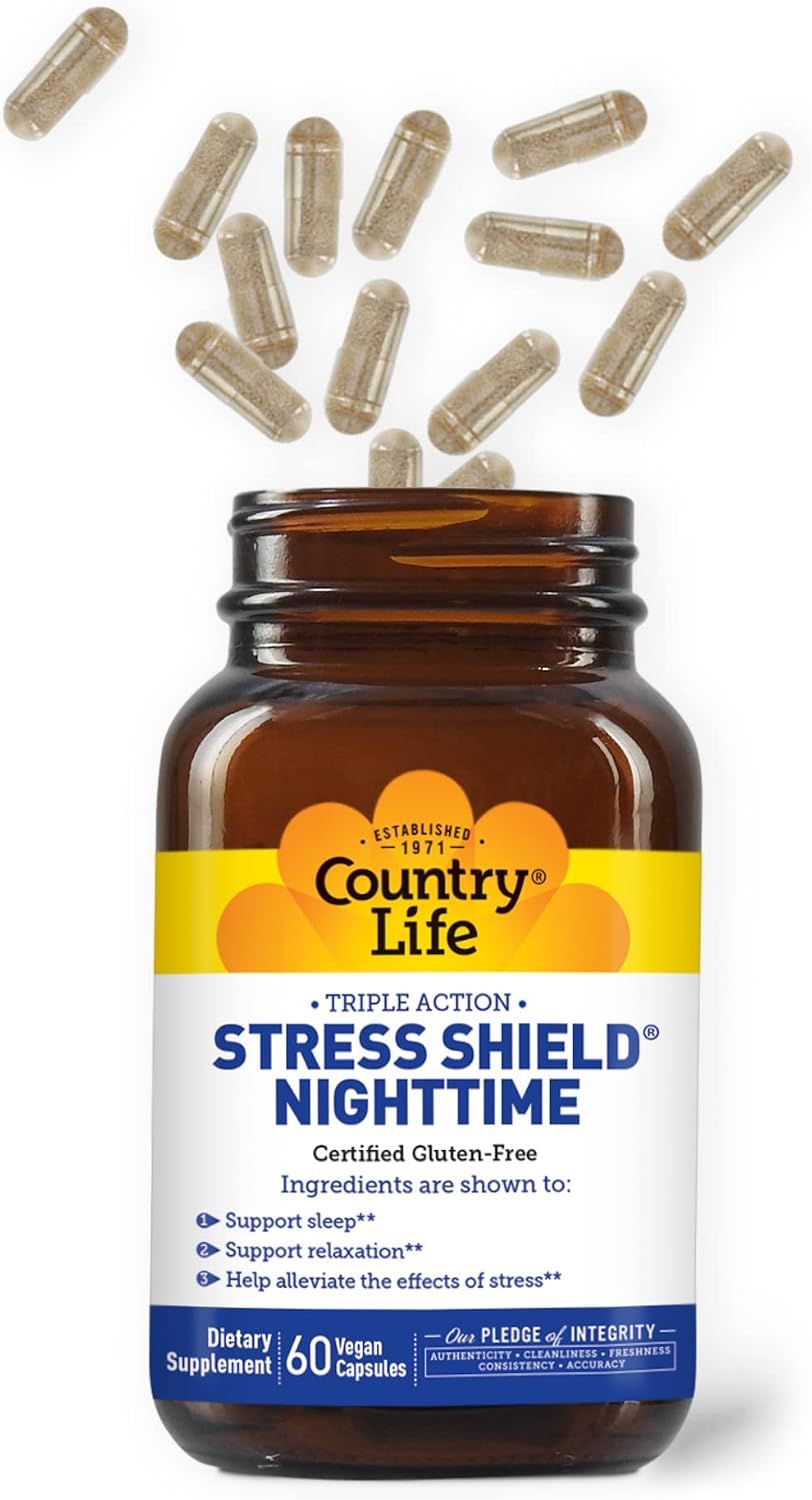 Country Life Stress Shield Nighttime – Suplemento para el Estrés y la Relajación – Sensoril® Ashwagandha, GABA y L-Teanina – Magnesio y Vitamina B5 – Sin Gluten, Vegano – 60 Cápsulas Vegetales