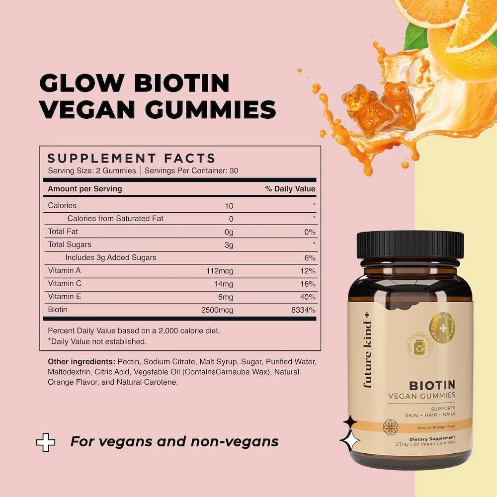 Future Kind Gominolas Veganas de Biotina para Cabello, Piel y Uñas – Colágeno Vegano con Vitaminas A, C y E – Sabor Fresa Natural – 30 Gominolas