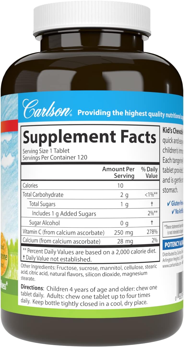 Carlson Kids Vitamin C Chewable, 250 mg, Tangerine Flavor, 120 Vegetarian Tablets