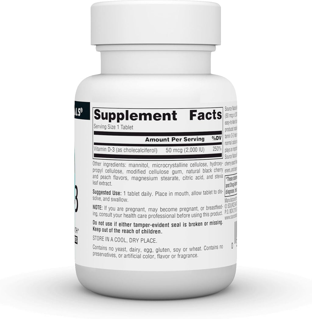 Source Naturals Vitamina D-3 Fast Melt - 120 Comprimidos Sabor Cereza Negra y Melocotón