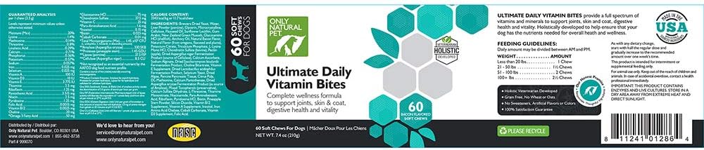 Only Natural Pet Ultimate Daily Vitamins - Complete Multivitamin Supplement for Dogs Balanced Health & Vitality - Senior Small & Large Canine Food Immune Digestive Support -60 Soft Chews (Pack of 1)