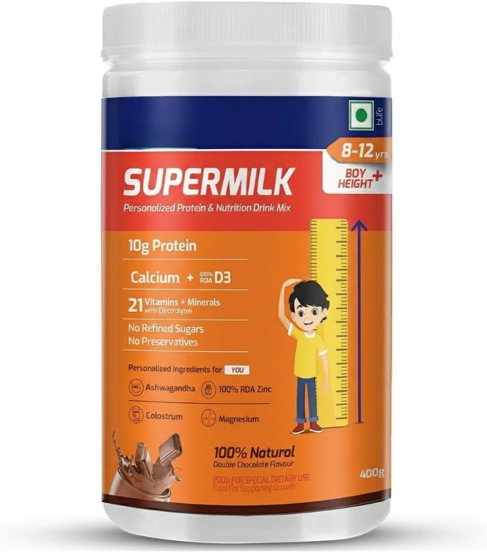 Supermilk Height+ para niños de 8 a 12 años, bebida saludable en polvo, alto contenido proteico con calcio + D3, 21 vitaminas y minerales, sin azúcar refinado, chocolate doble natural, 400 g