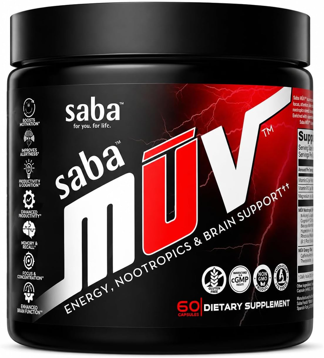 Saba MUV Nootrópico, 60 Cápsulas - Memoria, Enfoque y Energía