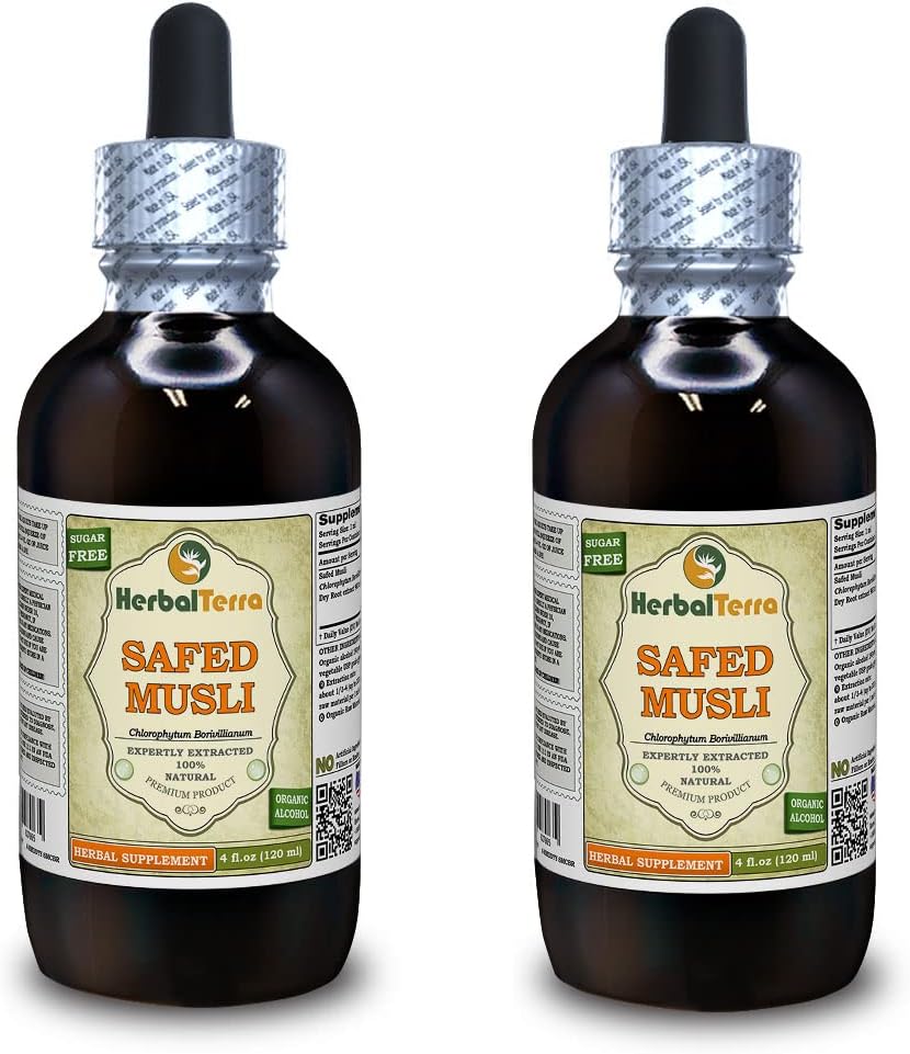 Extracto Líquido de Safed Musli y Bahera (Chlorophytum Borivillianum) - HerbalTerra, 20 botellas de 4 oz