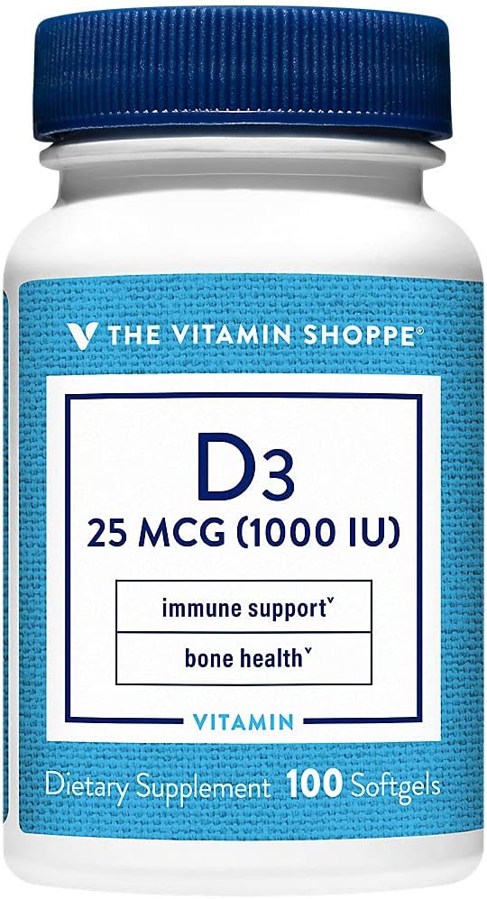 The Vitamin Shoppe Vitamina D3 1000 UI - Salud Ósea, Inmunitaria y Celular | Cápsulas blandas de Colecalciferol | 100 Cápsulas | Sin Gluten