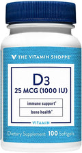 The Vitamin Shoppe Vitamina D3 1000 UI - Salud Ósea, Inmunitaria y Celular | Cápsulas blandas de Colecalciferol | 100 Cápsulas | Sin Gluten