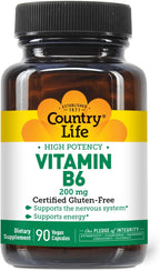 Country Life Vitamina B-6, Alta Potencia, 200 mg, 90 Cápsulas Veganas