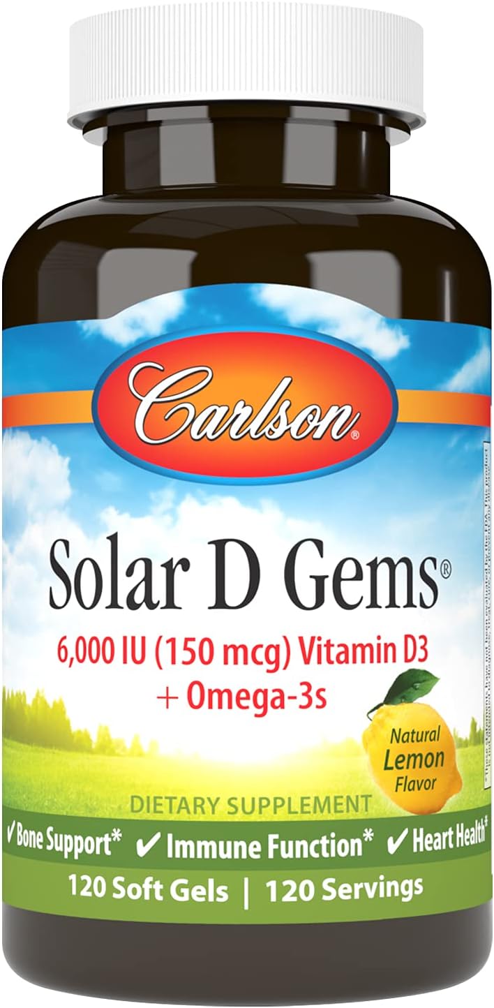 Carlson Solar D Gems, Vitamina D3 y Omega-3, 6000 UI, 120 Cápsulas Blandas