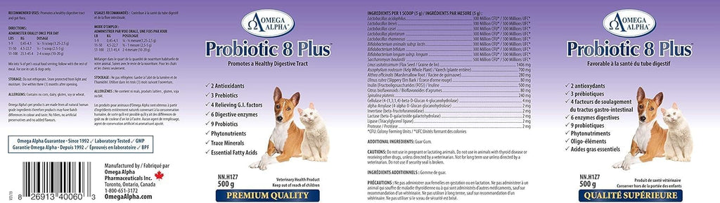 Omega Alpha Probiotic 8 Plus - Probiótico y enzimas para perros y gatos (500g)