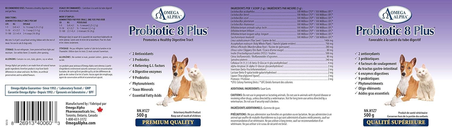 Omega Alpha Probiotic 8 Plus - Probiótico y enzimas para perros y gatos (500g)