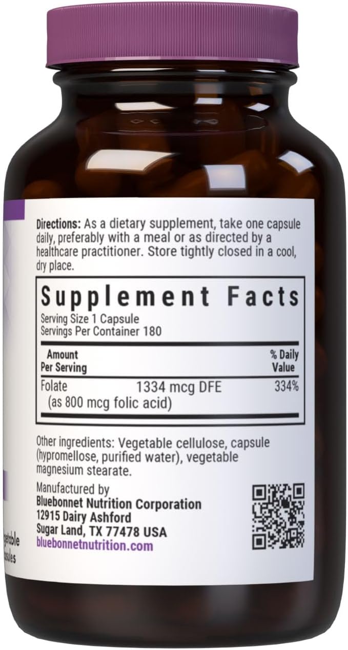 Bluebonnet Nutrition Ácido Fólico 800 mcg - 180 Cápsulas Vegetales