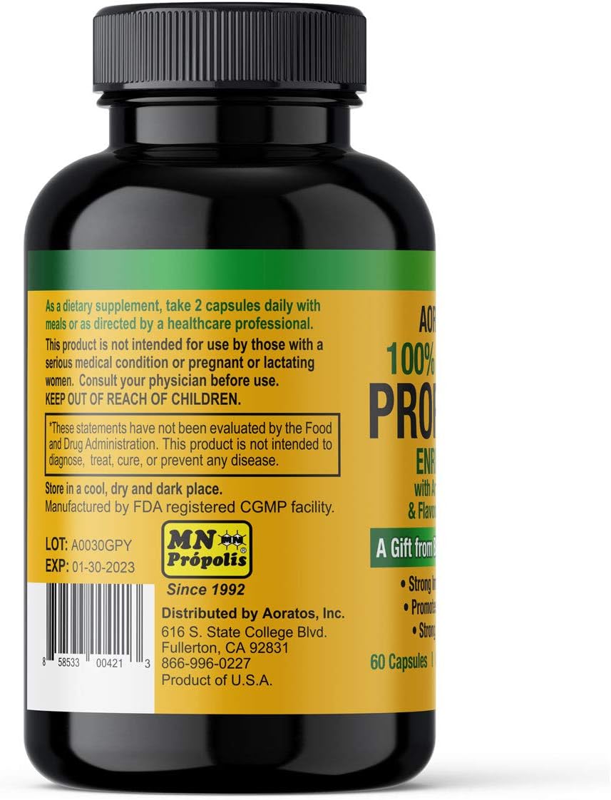 Aoratos 100% Brazilian Green Propolis Enriched 500mg, Apoyo Inmunológico, 60 Cápsulas Vegetales