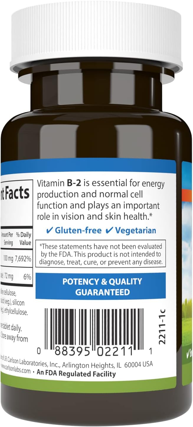 Carlson B-2 Riboflavina 100 mg, 100 Comprimidos Vegetarianos