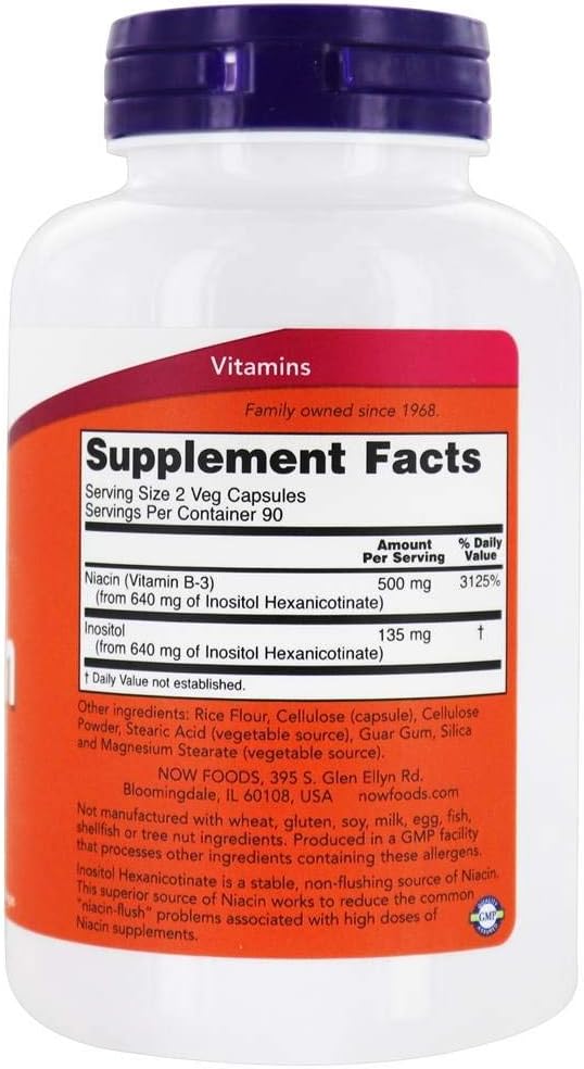 NOW Foods Niacina Sin Enrojecimiento 250mg 180 Cápsulas Vegetales (Pack de 2)