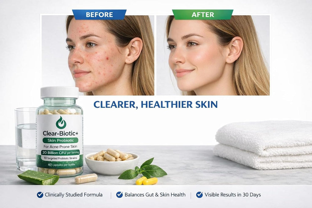 Clear-Biotic Acné Píldoras Probióticas con Vitaminas A, C, E, B2 - 60 Cápsulas