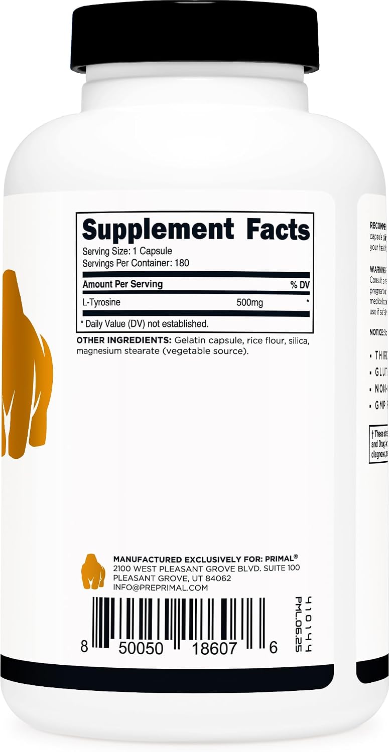 Primal L-Tyrosine Cápsulas (180 Cápsulas / 500 mg por Porción) | Suplemento de Aminoácido Tirosina