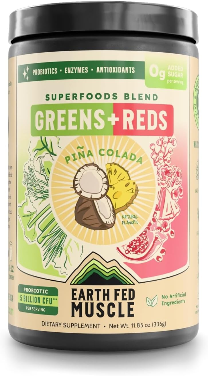 Earth Fed Muscle Greens and Reds Superfoods Blend, Piña Colada – 30 Servicios