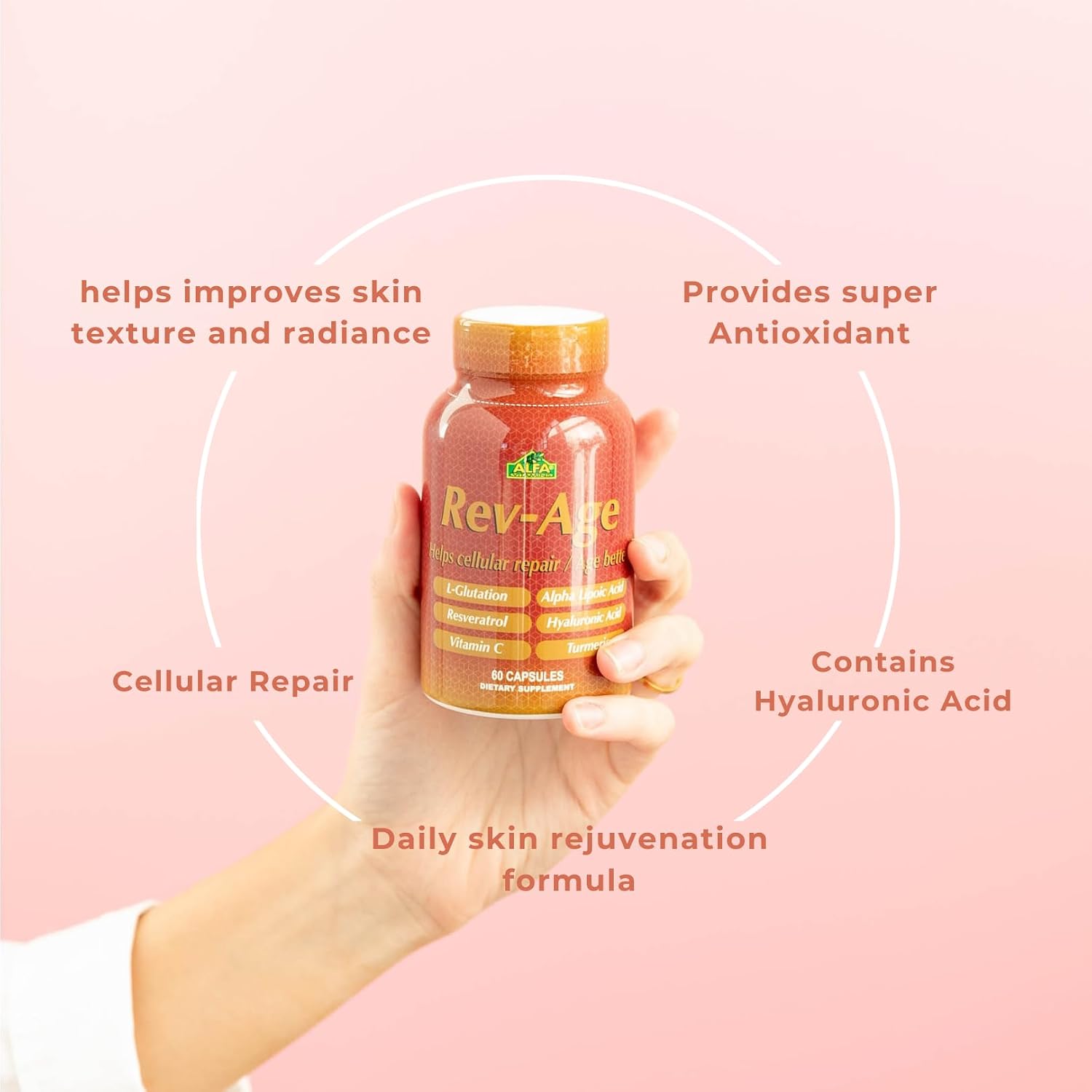 Rev-Age Suplemento de Reparación Celular con Vitamina C, Resveratrol y Astaxantina - 60 Cápsulas