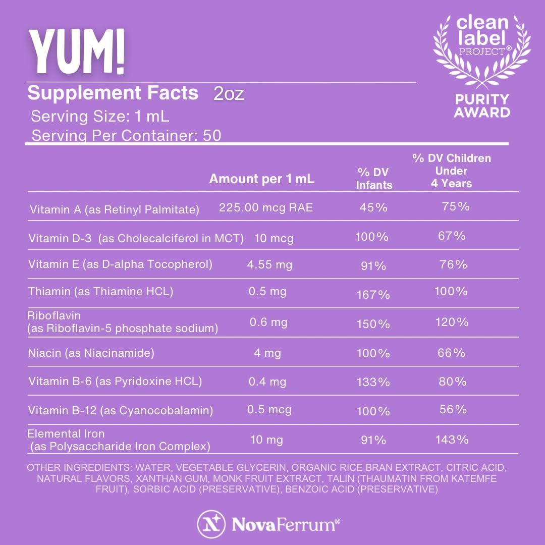 NovaFerrum Yum | Multivitamínico con Hierro para Bebés, Niños Pequeños y Niños hasta 4 Años | Apoyo Inmunológico | Certificado Sin Gluten | Sin Azúcar | Sabor Uva y Frambuesa | 120 Dosis