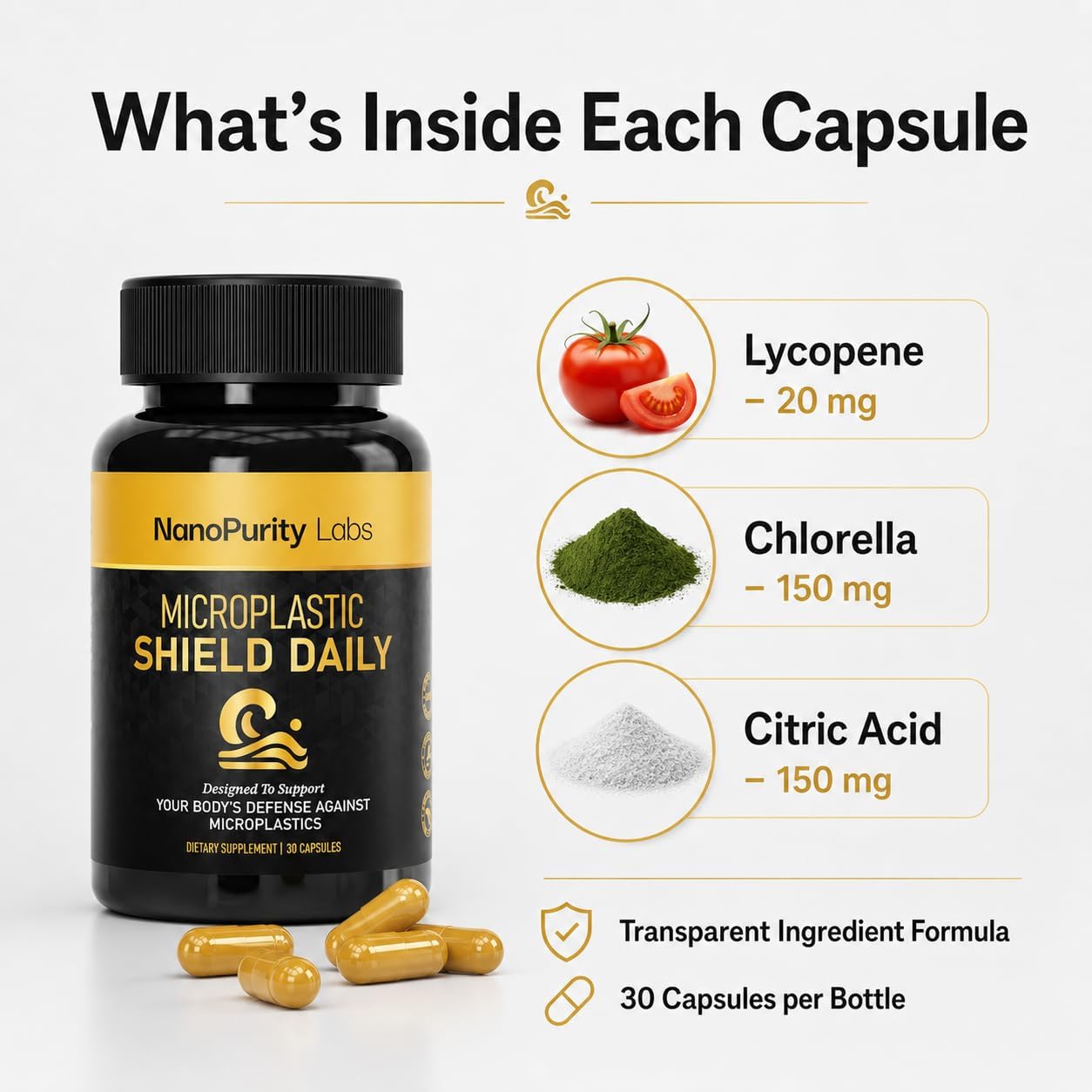 Microplastic Shield Daily | Apoyo Diario para el Bienestar en Entornos Modernos | Fórmula con Chlorella, Lycopeno y Ácido Cítrico | Vegano, No OGM | 30 Cápsulas