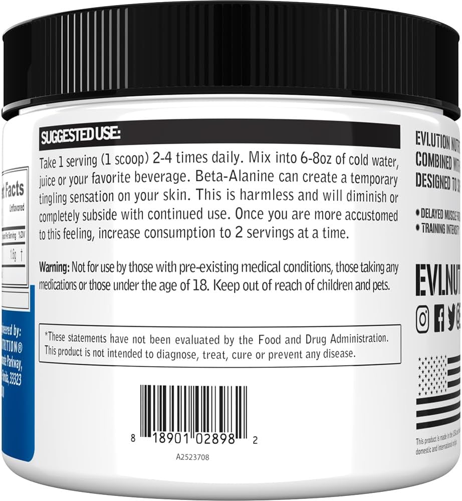 Evlution Nutrition Beta-Alanina Pura en Polvo - 125 Raciones (1.6g por Ración) Sin Sabor