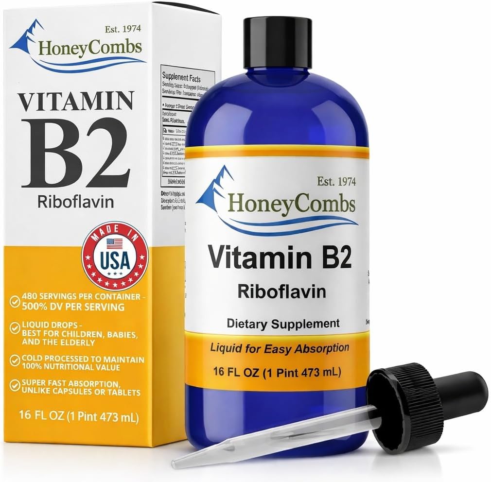 HoneyCombs Riboflavina Vitamina B2 Líquida Gotas, 473 ml | 750% VD, Sin Alcohol, Alternativa a Cápsulas