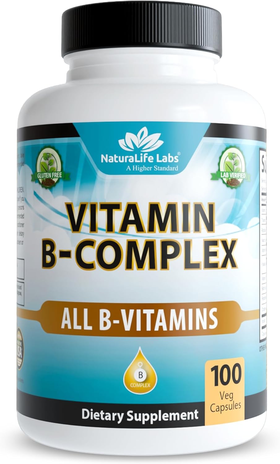 NaturaLife Labs Complejo B – Todas las Vitaminas B con B2, B6, B9 y B12 (Metilcobalamina) Activas, más B1, B3, B5, B7 y Vitamina C – 100 Cápsulas