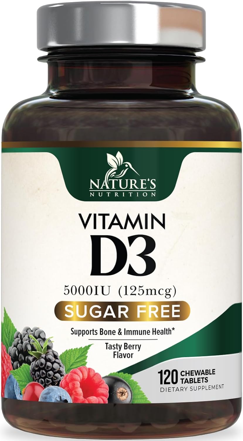 Vitamina D3 5000 UI (125 mcg) por Dosis - Comprimidos Masticables Extra Fuertes sin Azúcar - Apoyo Inmunitario, Huesos, Dientes y Músculos - Sin Gluten - 60 Comprimidos