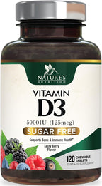 Vitamina D3 5000 UI (125 mcg) por Dosis - Comprimidos Masticables Extra Fuertes sin Azúcar - Apoyo Inmunitario, Huesos, Dientes y Músculos - Sin Gluten - 60 Comprimidos