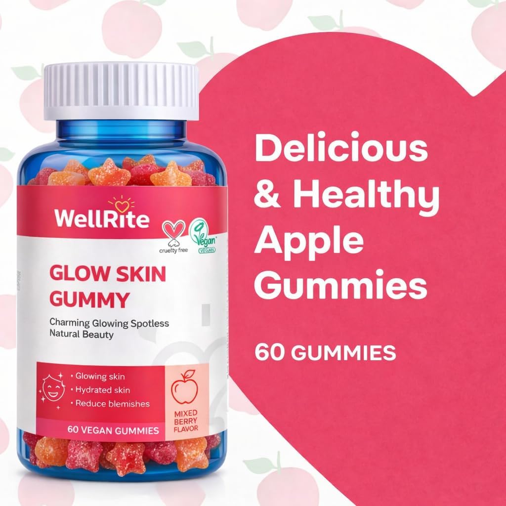 Wellrite Glow Skin Gummy Vitamins – Gominolas para la piel, 60 uds, sabor manzana, veganas