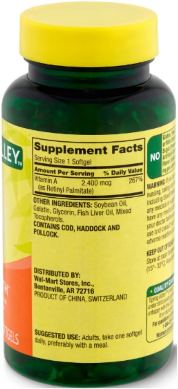 Spring Valley Suplemento de Vitamina A 2400 mcg, 250 Comprimidos + Pegatina STS