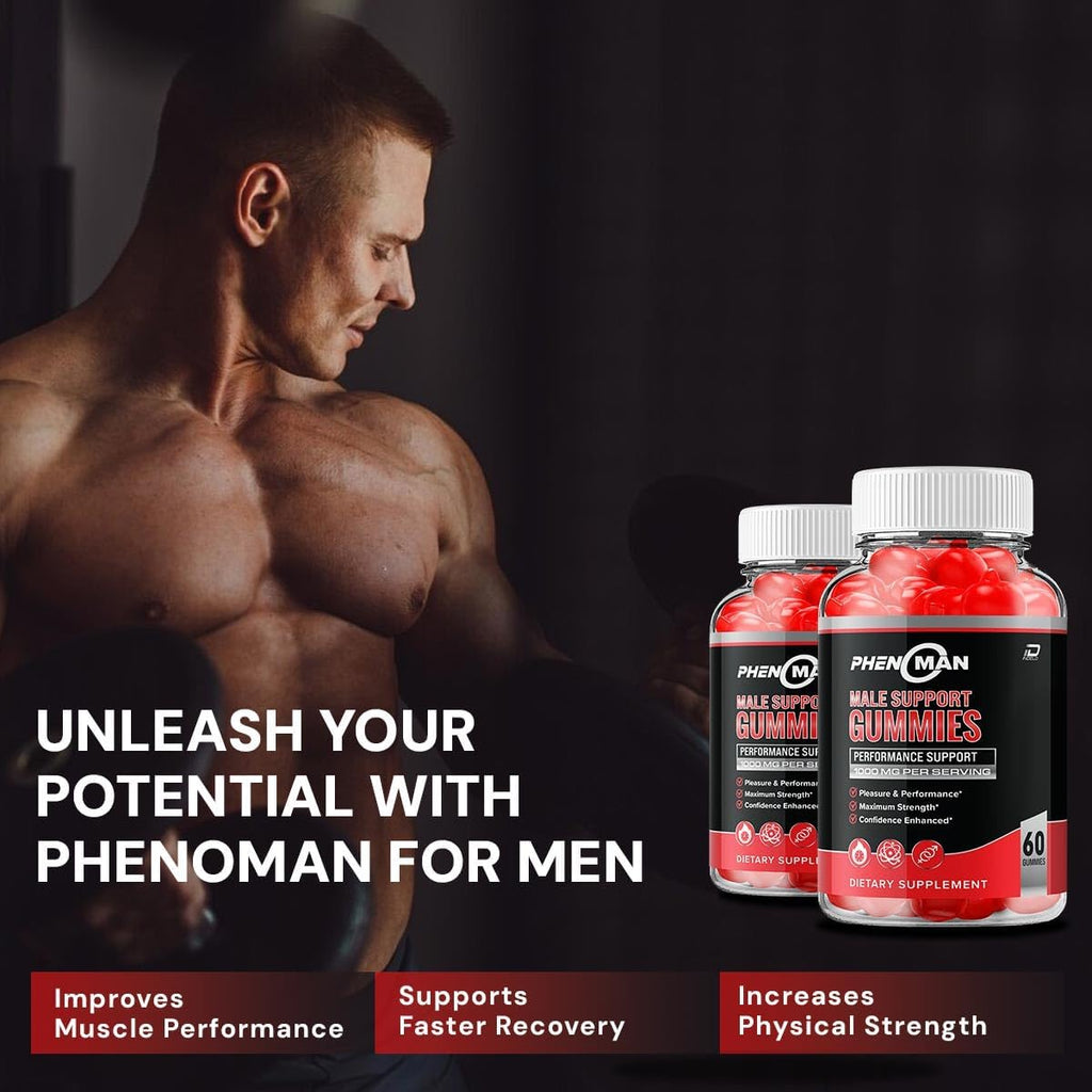 Phenoman for Men Gummies – Phenoman Advanced Formula, Suplemento Extra Fuerte Natural para el Crecimiento Muscular y Apoyo a la Salud General (2 Paquetes – 120 Gominolas)