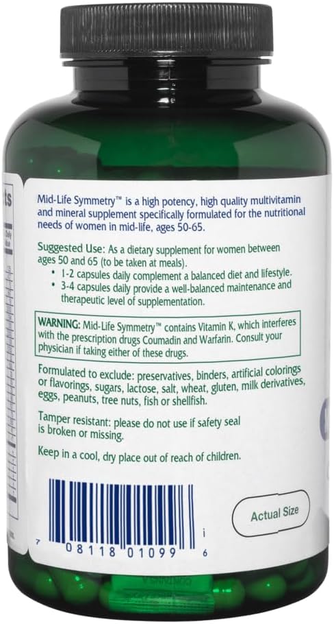 Vitanica Mid-Life Symmetry, Multivitamínico y Mineral Diario de Alta Potencia para Mujeres 50-65 Años, Vegano, 180 Cápsulas