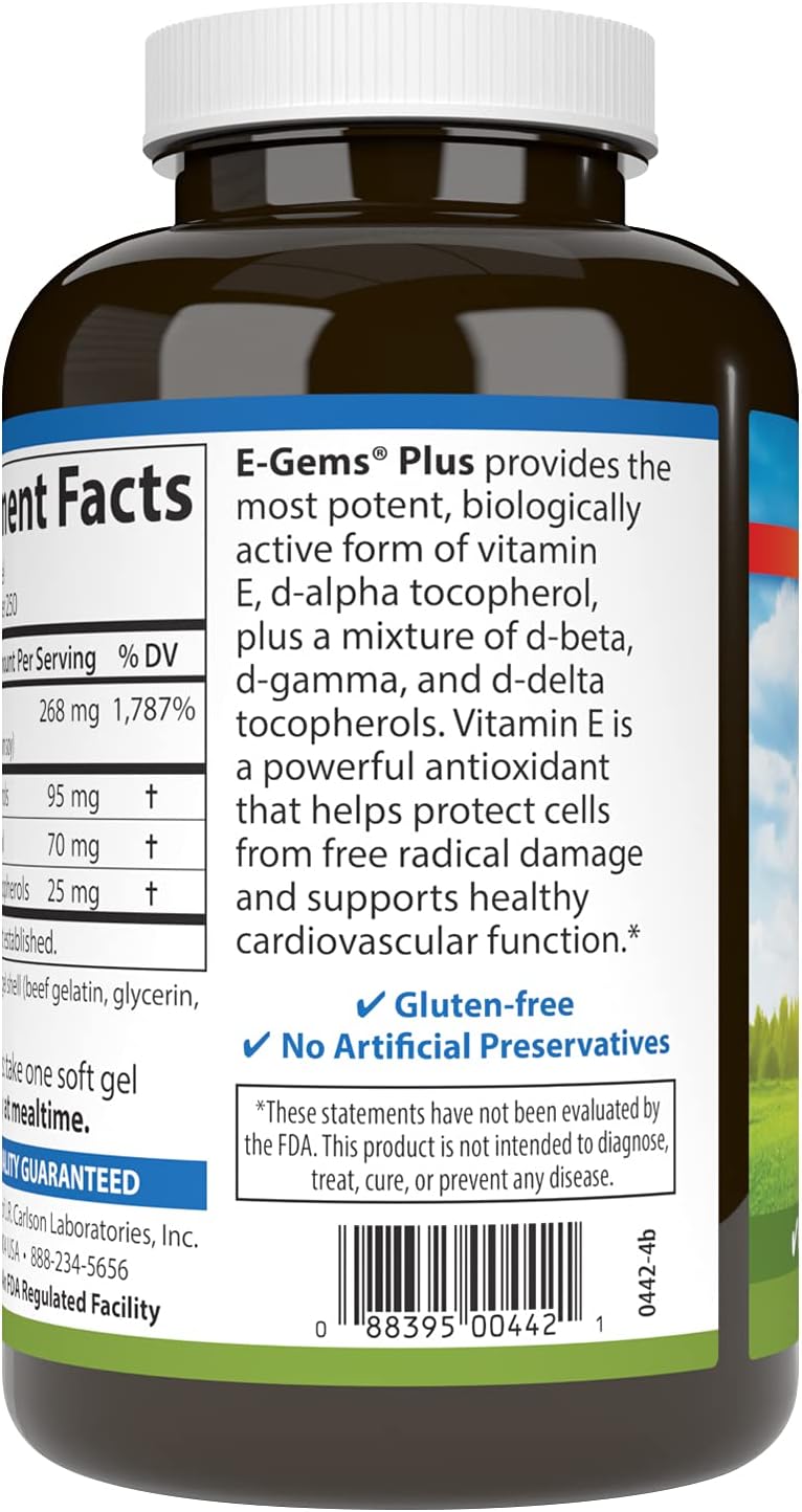 Carlson E-Gems Plus - Vitamina E Natural 400 UI, 250 cápsulas blandas