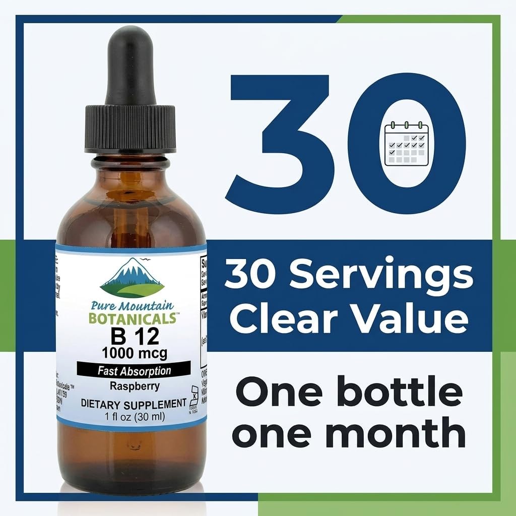Pure Mountain Botanicals Vitamina B12 1000 mcg Gotas Líquidas Sabor Bayas
