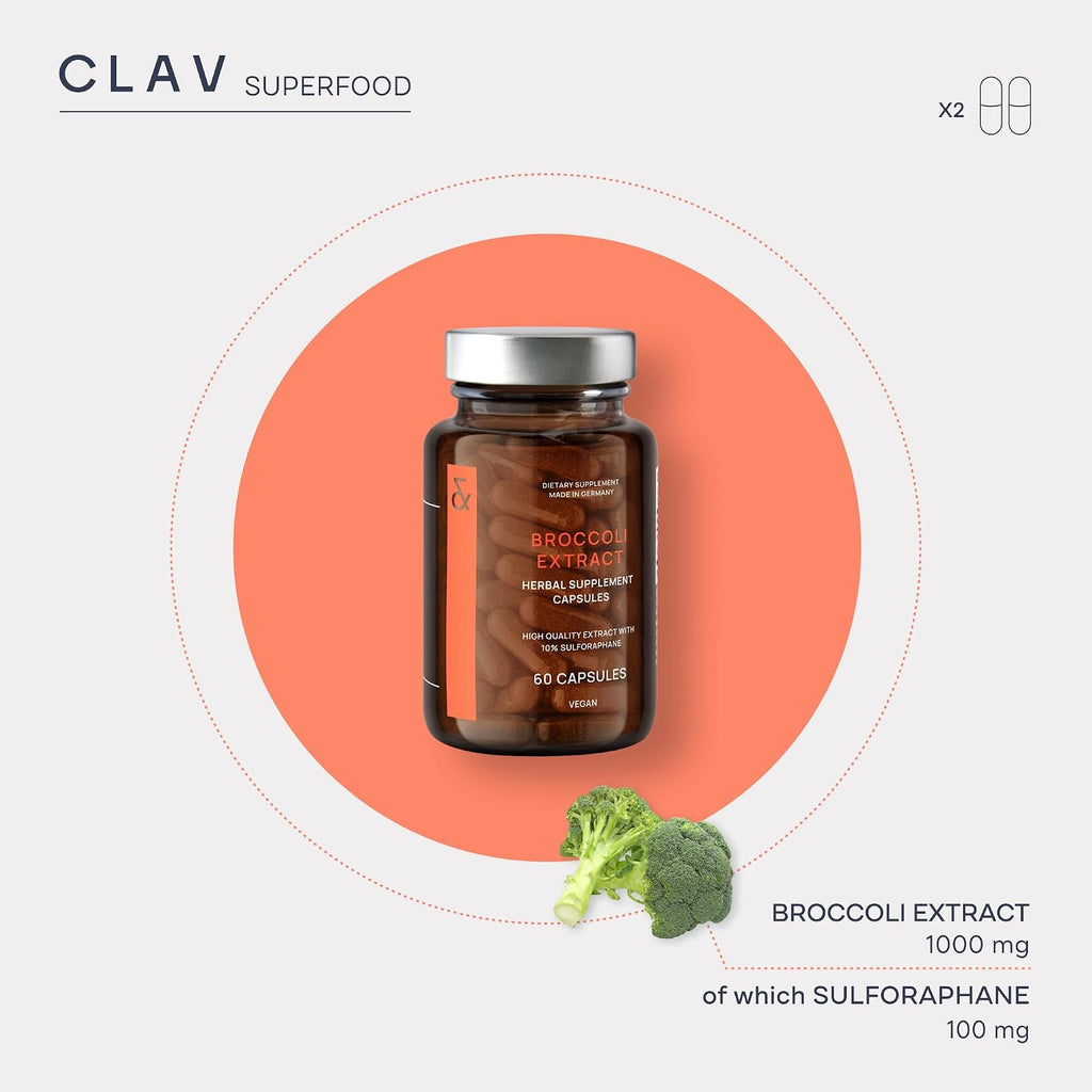 CLAV Cápsulas de Extracto de Germinados de Brócoli - 1000mg con 100mg de Sulforafano - Antioxidante - 60 Cápsulas - Vegano, Sin Gluten