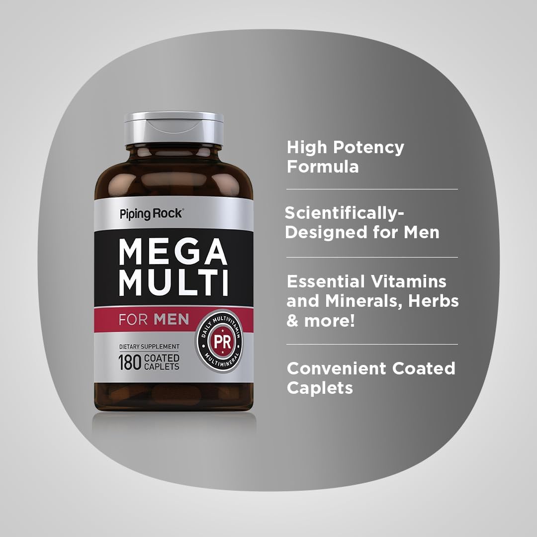 Piping Rock Multivitamínico para Hombres | 180 Caplets | Mega Men Multivitamins | No GMO, Sin Gluten