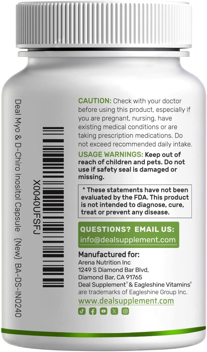 Myo-Inositol & D-Chiro Inositol 40:1 | 2,050mg por ración | 240 Cápsulas Veganas con Folato, Vitamina D3 y Vitex