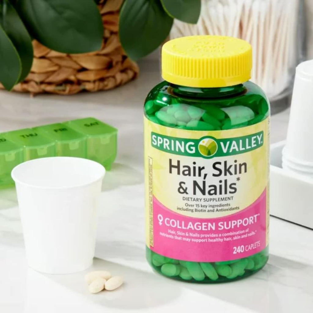 Spring Valley - Cabello, Piel y Uñas, Más de 20 Ingredientes Incluyendo Biotina y Colágeno, 240 Comprimidos