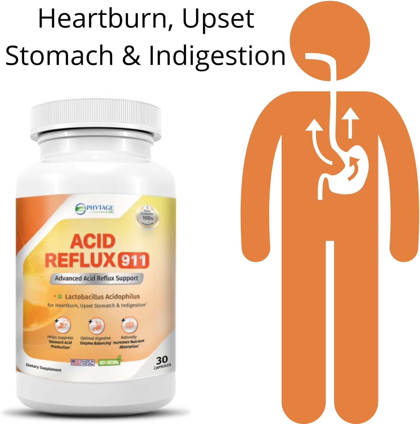 Natural Acid Reflux 911 - Complemento para Aliviar el Ardor de Estómago y la Acidez - 30 Cápsulas