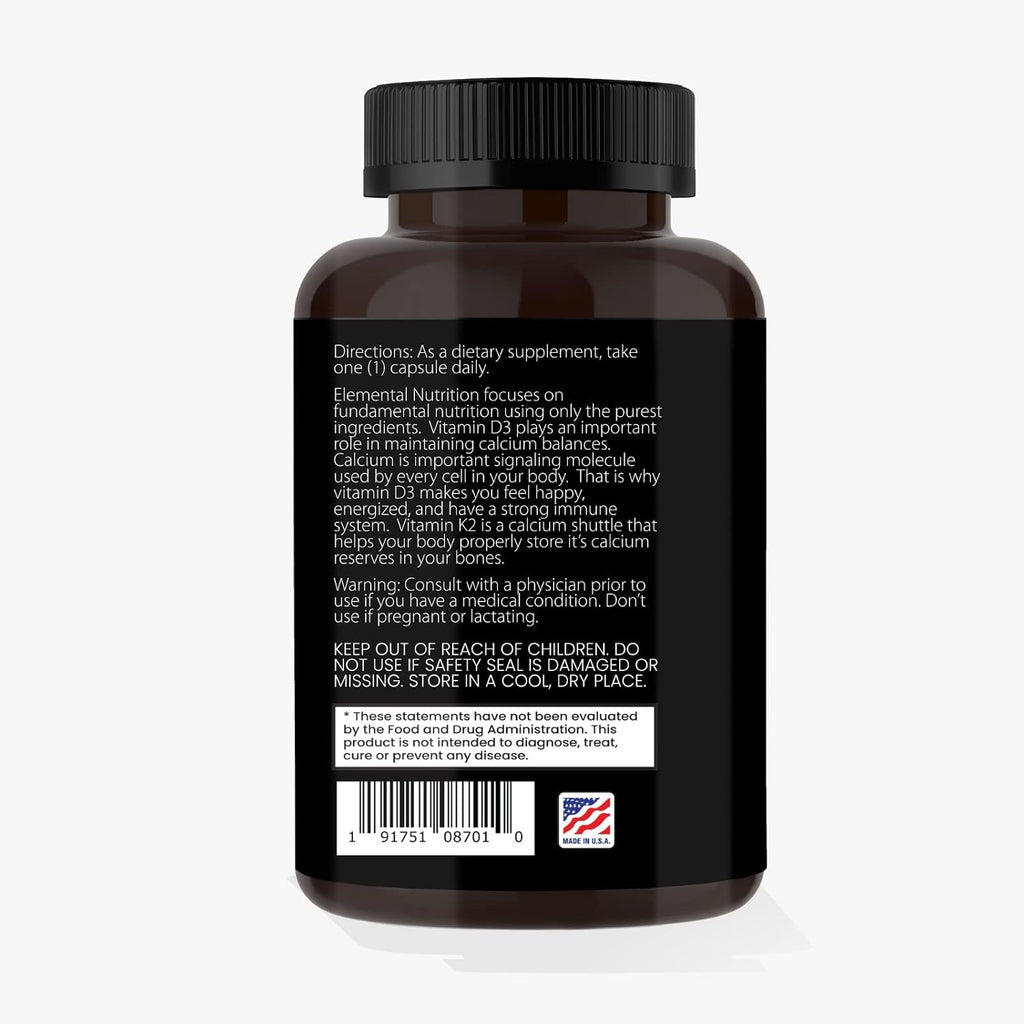 Elemental Nutrition Vitamina K2 con D3 Extra Strength – 10000 UI Vitamina D3 + 200 mcg Vitamina K2 MK-7, 30 Cápsulas