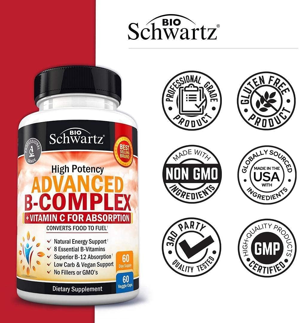 Complejo de Vitaminas B con Vitamina C - con Metilcobalamina B12 y Folato - Suplemento B1 B2 B3 B5 B6 B7 B9 - 60 Cápsulas