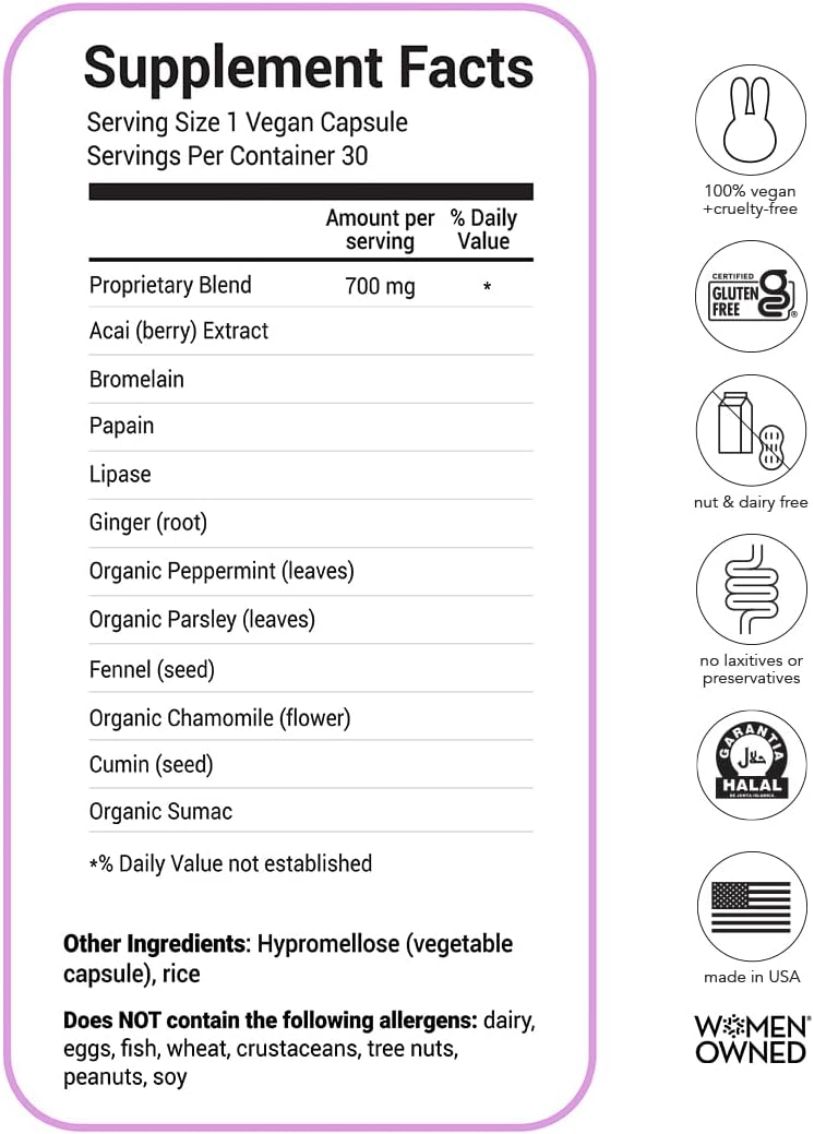 HAIRtamin BLOATamin - Mezcla Sinérgica Vegana | Cápsulas para el Alivio de la Hinchazón | Hombres y Mujeres | Enzimas Digestivas para la Hinchazón, Gases, Dolor de Estómago y Retención de Líquidos (1 Envase)