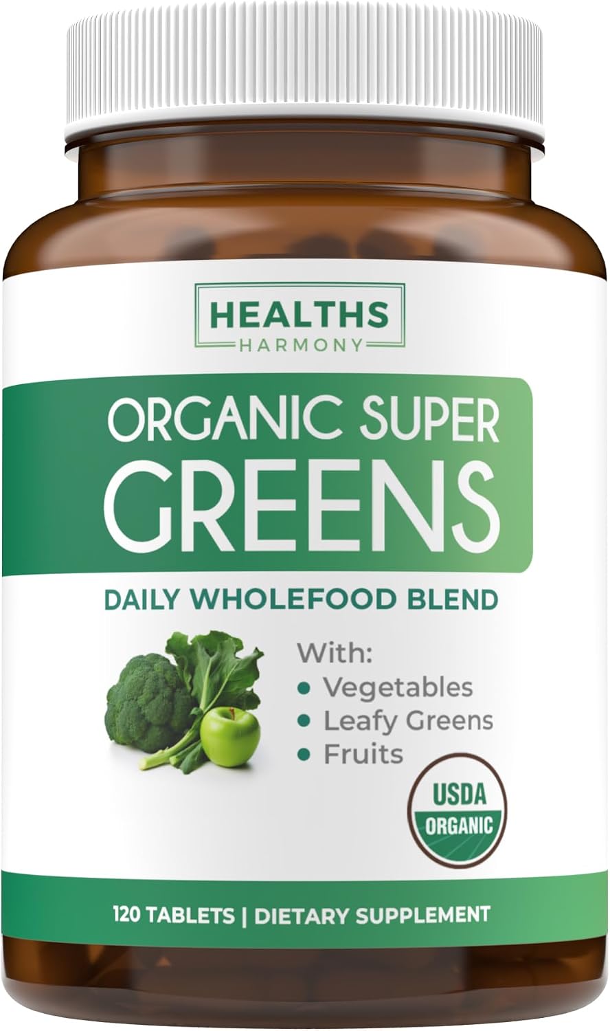 USDA Organic Super Greens Supplement - 28 Superalimentos Orgánicos en Comprimidos - Vegano y Non-GMO - Healths Harmony