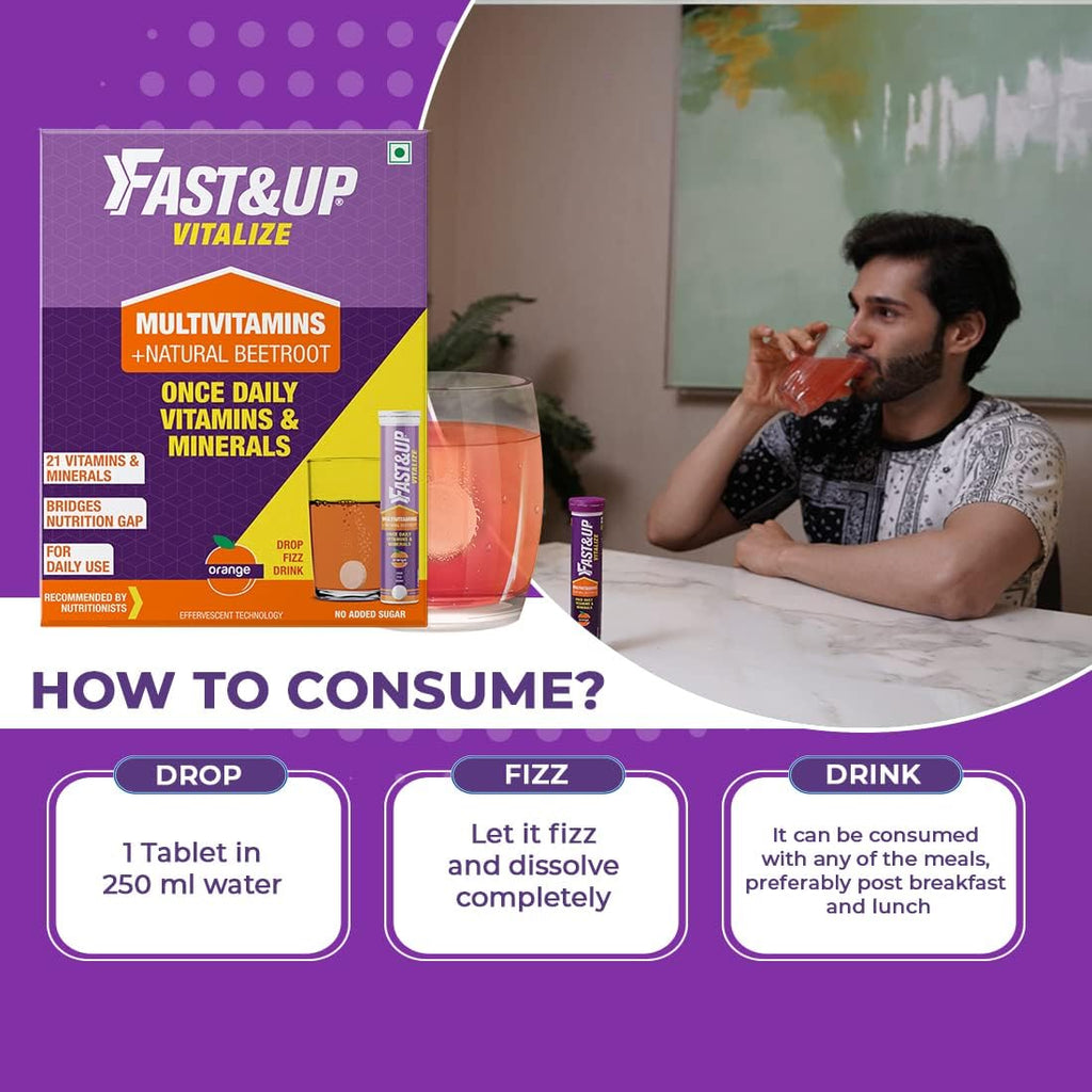Fast & Up Vitalize Multivitamínico Efervescente - 21 Vitaminas y Minerales - 60 Comprimidos - Sabor Naranja