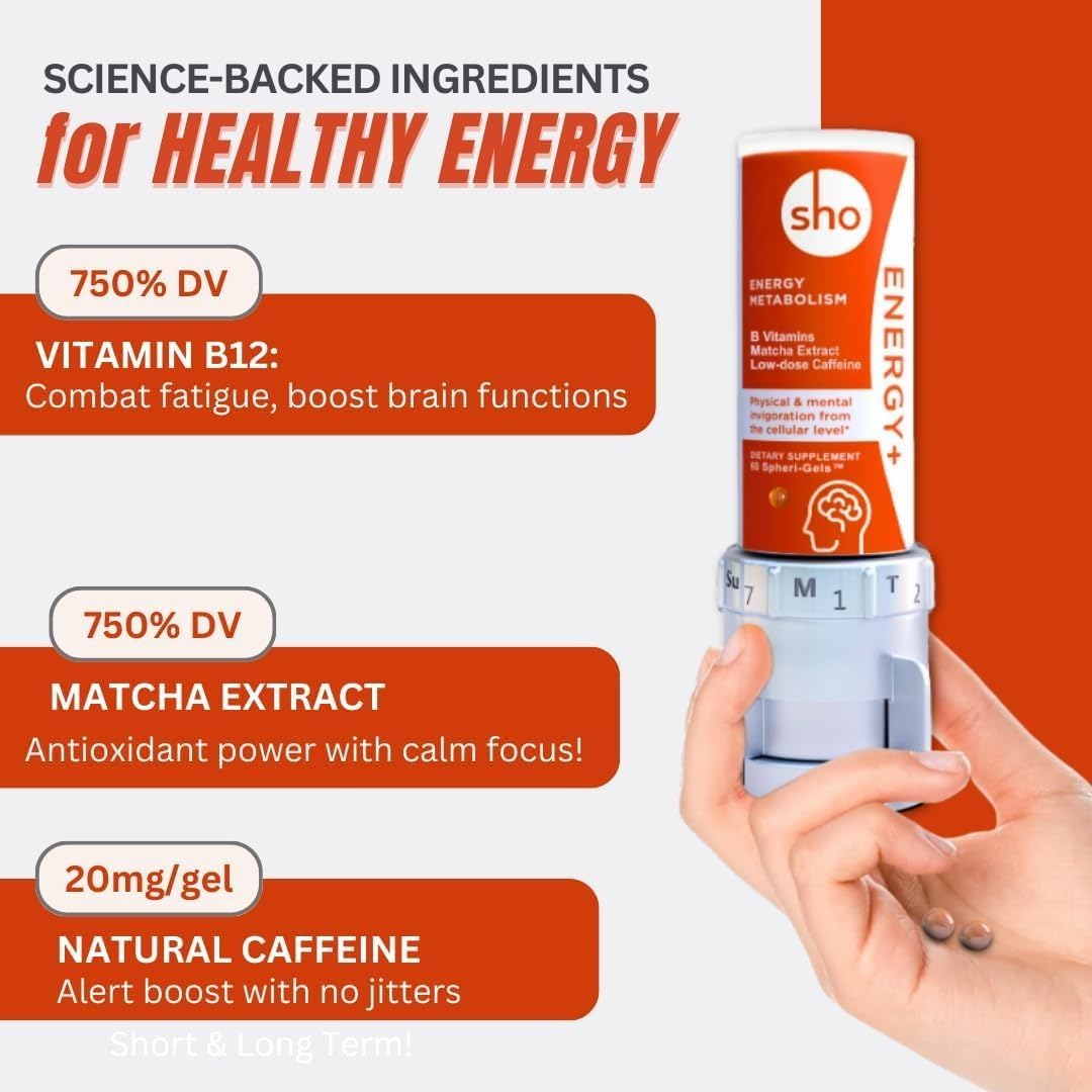SHO Energy+ Focus Kit - Suplemento Vegano de Vitamina B con Matcha y Cafeína Natural (60 Cápsulas)