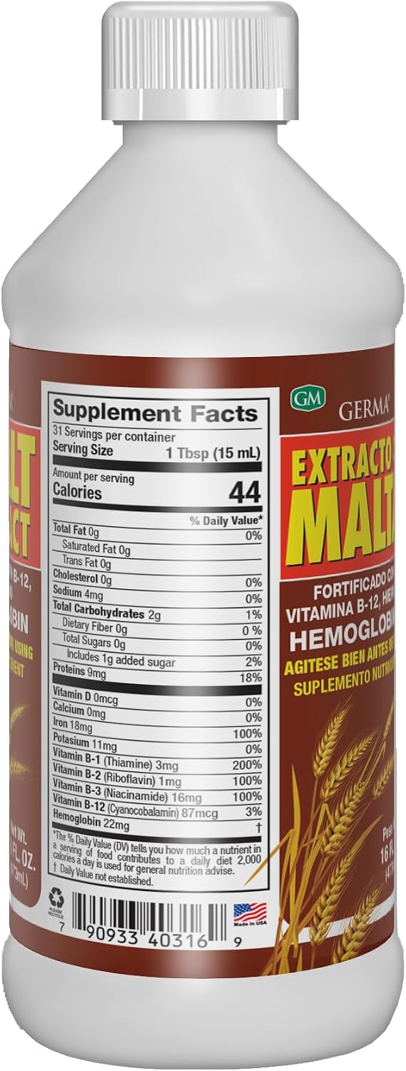 Germa Extracto de Malta – Suplemento dietético líquido para energía y vitalidad – Rico en vitaminas B y minerales esenciales – Apoyo nutricional tradicional – 16 fl oz