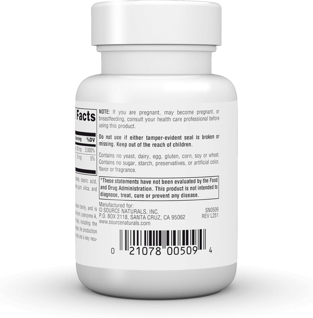 Source Naturals Ácido Pantoténico 100 mg - Vitamina B5 - 100 Comprimidos